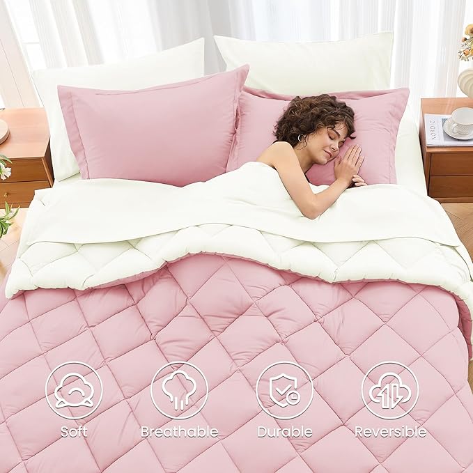 MUXHOMO 7 Pieces Full Comforter Set, Reversible Bed in a Bag Full Size, All Season Bedding Set with Comforter, Flat Sheet, Fitted Sheet, Pillowcases & Shams, Light Pink & Ivory