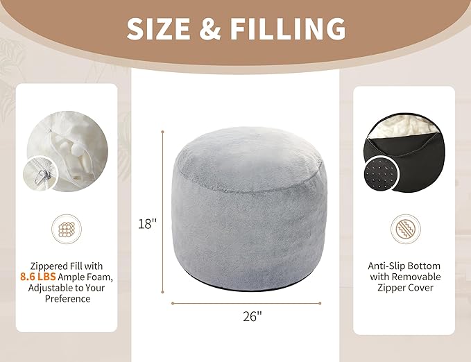 WSOFRLAC Boho Ottoman Living Room Furniture 26"x18" Large Round Ottomans Pouf Couch Foot Rest Grey Pouf Ottoman Foot Rest with Foam Chunk Filling Pouffe Ottomans Stuffed Foot Rest Poufs for Couch