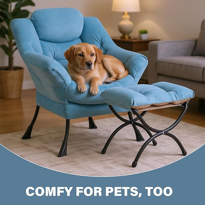 Tiita Lazy Chair with Ottoman, Blue Chiars Modern Large Accent Lounge Armchair, Comfy Leisure Sofa Reading Chair with Footrest for Bedroom, Living Room, Dorm Rooms, Garden, Velvet Light Blue