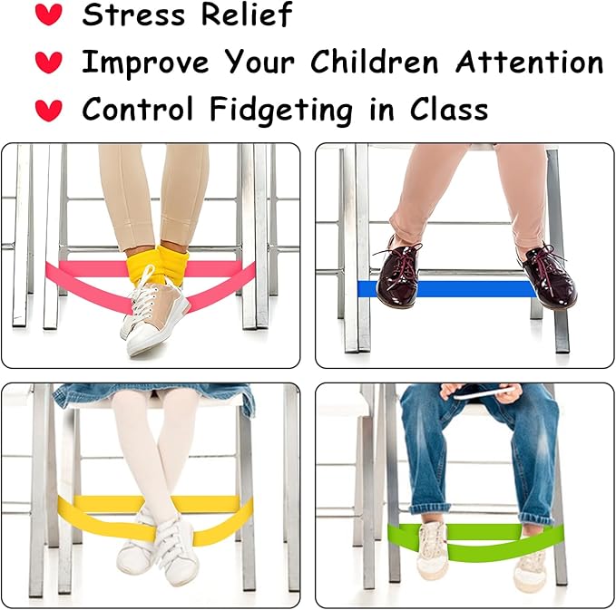 ROOKEA 12 Pack Chair Bands for Kids with Fidgety Feet - Sensory Room Must Haves for ADHD and Autism - Classroom and Home Fidget Tools