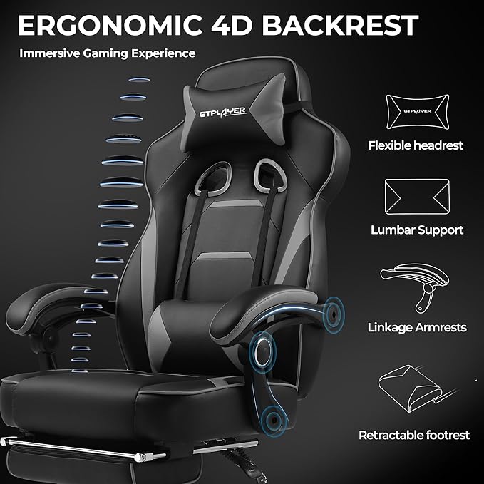 GTPLAYER Gaming Chair with Footrest, Big and Tall Computer Game Chair 350lb Racing Style, Ergonomic High Back Lumbar Support and Recliner, Moon Gray