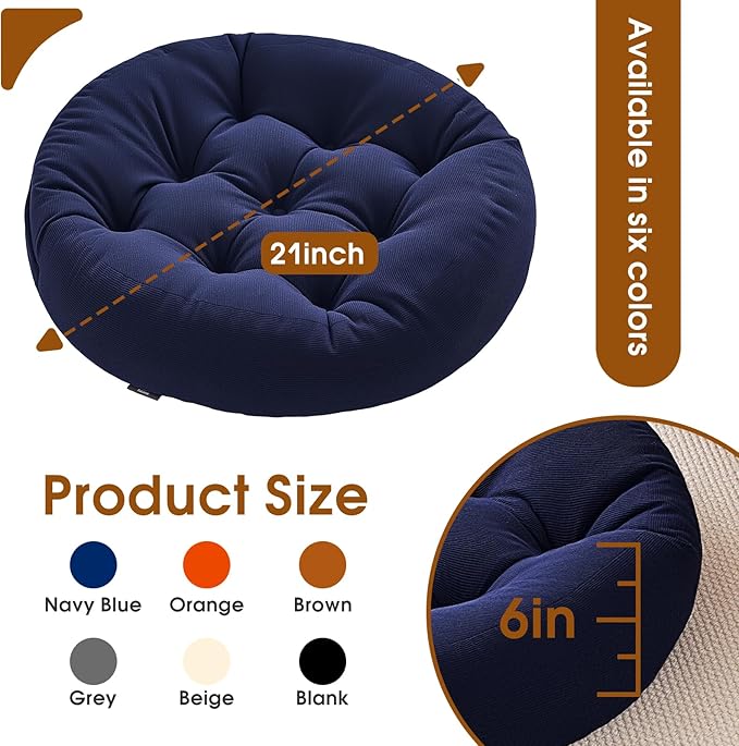 Floor Pillows for Adults, 22x22x6 Inch Meditation Cushions, Large Round Sitting Cushion Living Room Memory Foam Pillow for Sitting (1, Navy, 22x22x6 Inch)
