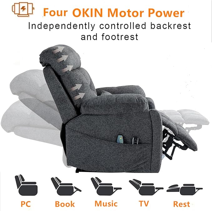 Lay Flat Power Lift Recliner Chair, | 400lbs | 25.5in Extra Wide | 4-Motor | Heat, Massage, Hidden Cup Holder, Sleeping | Big Man, Elderly (Light Grey)