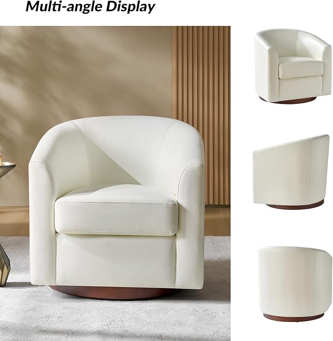 HULALA HOME Faux Leather Swivel Accent Chairs Set of 2 with Solid Wood Base, Round Swivel Barrel Chairs for Living Room and Bedroom, White