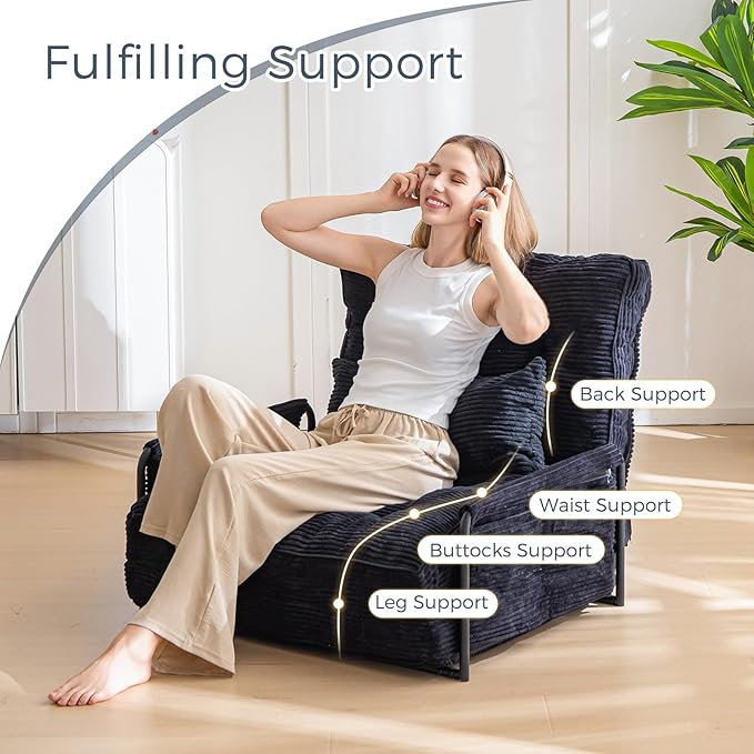 MAXYOYO Adjustable Floor Sofa Couch with Pillow, Multi-Functional Bean Bag Bed, 5-Position Foldable Lazy Sofa Sleeper Bed with Armrest, Versatile Floor Seating for Reading Gaming, Black, Single