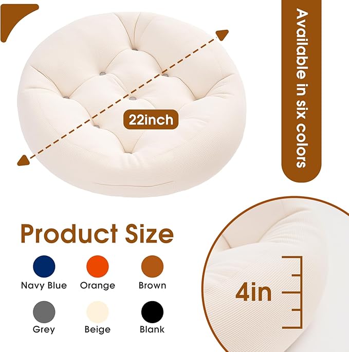Floor Pillows for Adults, Meditation Cushions, 22x22x6 Inch Large Round Sitting Cushion Living Room Memory Foam Pillow for Sitting (1, Beige, 22x22x6 Inch)
