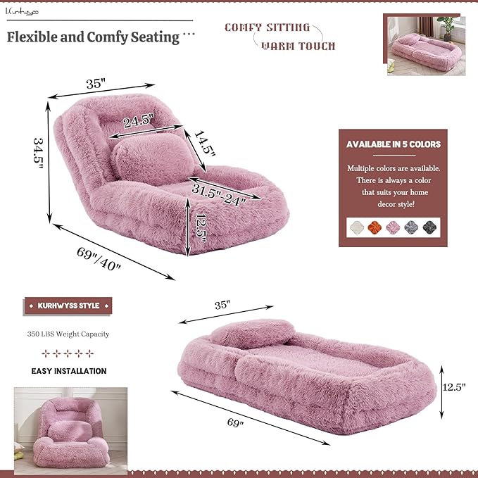 Upholstered Human Dog Bed for Adult & Pets, Convertible Lazy Sofa Bed with 5 Adjustable Position, Comfy Tatami Bean Bag Lounge Chair with 2 Soft Pillows for Bedroom Living Room (Pink Fluffy)