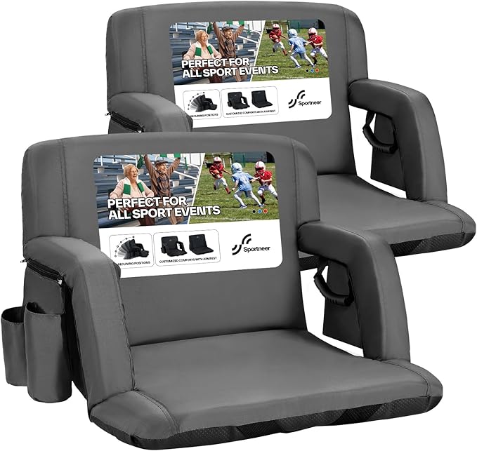 Sportneer Stadium Seats with Back Support: 2.5'' Thick Comfy Cushion 6 Adjustable Angle Bleacher Seat with Armrest - 2 Large Pockets, 2 Cup Holders Stadium Chair for Sport Events Concerts Parks