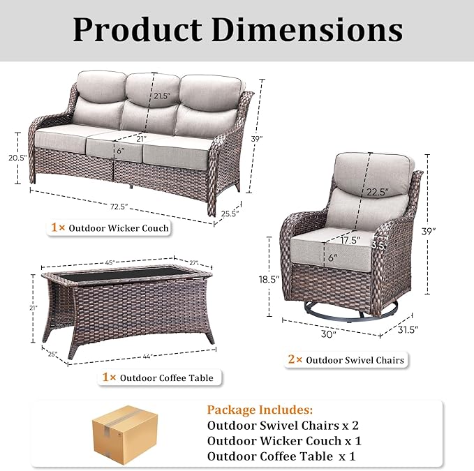 Pugire Luxury High Back Patio Furniture Set with 6-Inch Thick Cushions, 4-Pieces Outdoor Furniture with Swivel Chairs, Wicker Conversation Set for Porch, Balcony, Deck and Yard, Brown/Beige
