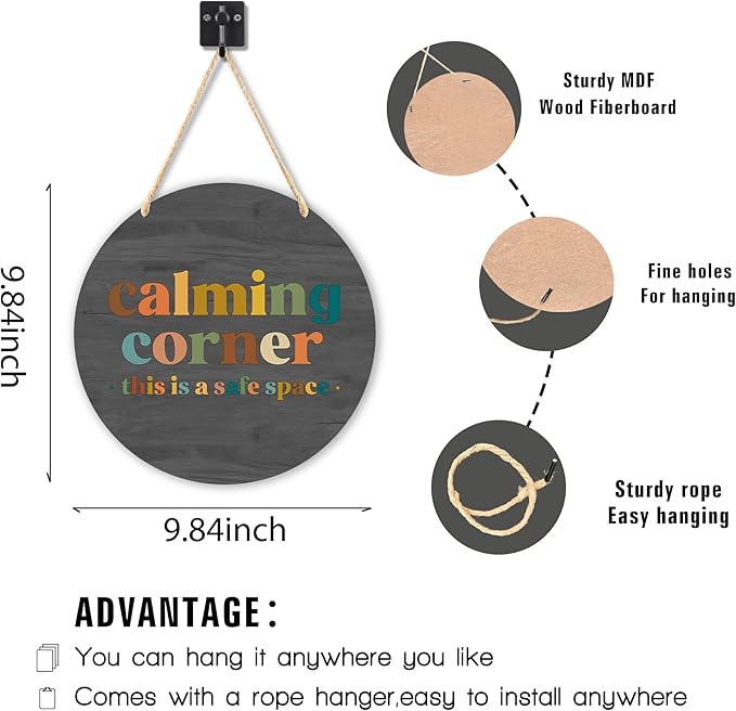 Calming Corner Hanging Wood Sign Plaque - Safe Space, School Counselor Office, Calm Down Corner Decorations - Boho Style, 10x8 (Roundness Gray)