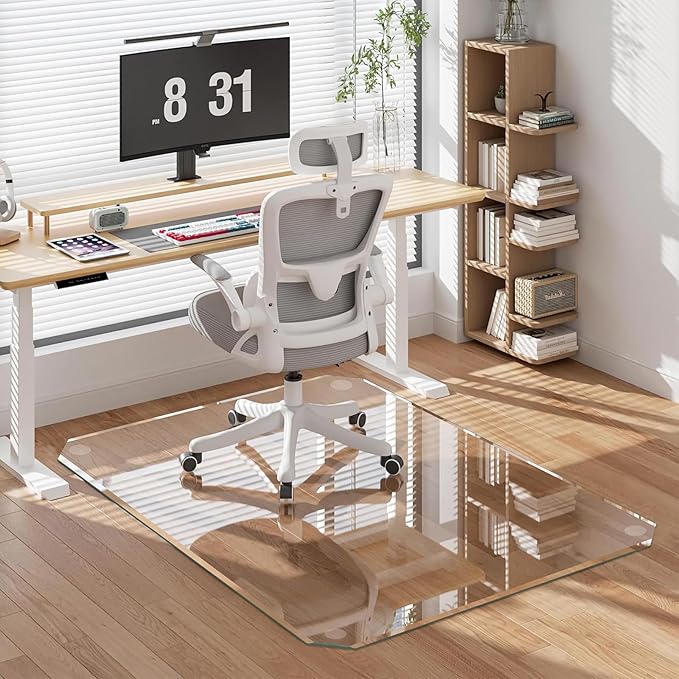 Tempered Glass Chair Mat with Beveled Edge, 46"x36" Heavy Duty Glass Office Floor Mat for Carpets and Hard Floors, with Non-Slip Pads, Easy to Slide, Thick 1/5", Pat No.30004842