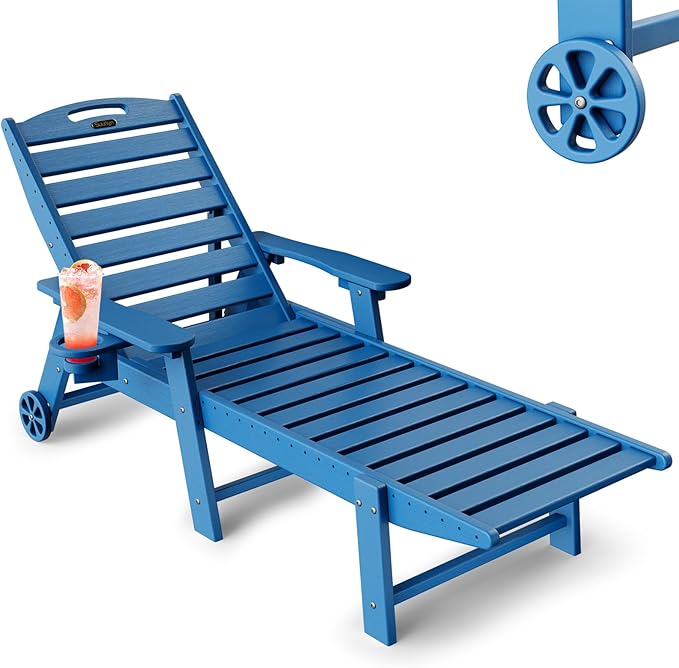 Lounge Chair Outdoor, Chaise Lounge Outdoor, HDPE 6-Position Lounge Chair for Outside, Patio Lounge Chair with Wheels & Cup Holder for Pool Poolside Deck Backyard, Navy Blue