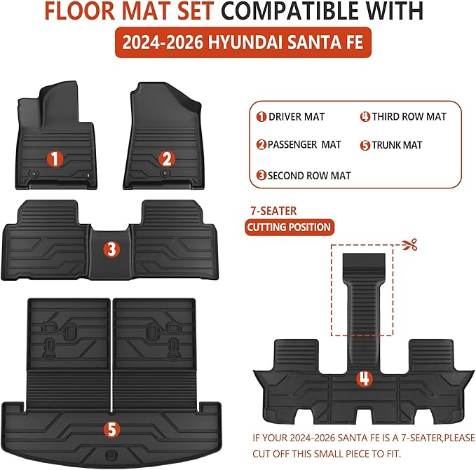 KARPAL Floor Mats Fit for Hyundai Santa Fe 2024 2025 2026 (Fit Hybrid and Gas) 6-Seat/7-Seat, All Weather TPE Car Mats Cargo Liners Guard Accessories, 1st & 2nd & 3rd Row & Cargo Liners