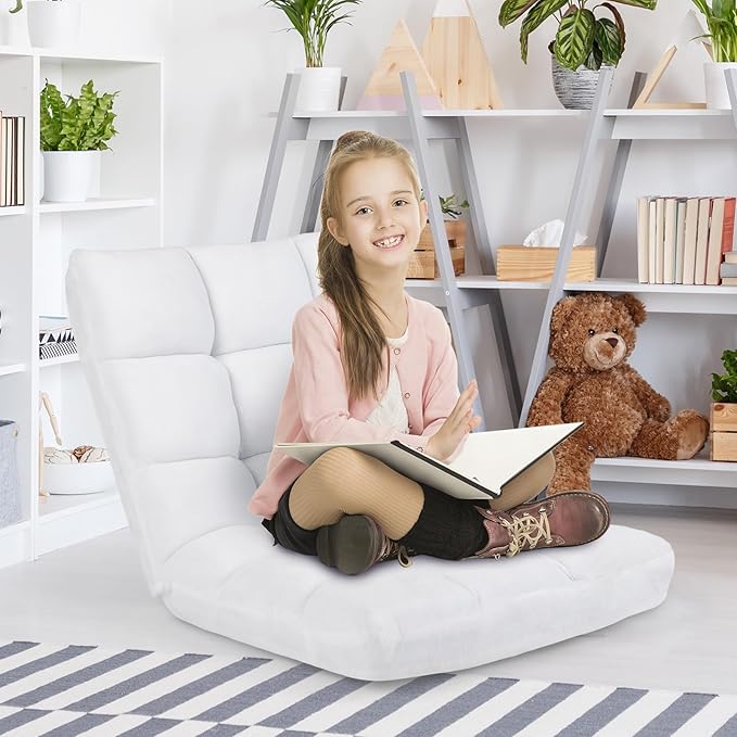 COSTWAY Floor Chair, Video Gaming Chairs with Back Support, Adjustable 14-Position, Alloy Steel Frame, Soft Coral Fleece, Lazy Sofa Lounge for Reading Living Room Recliner for Adults Kids (White)