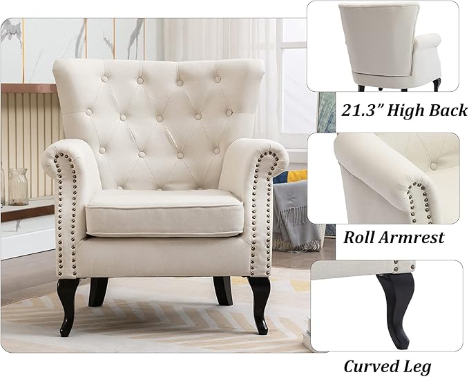 DM Furniture Set of 2 Mid-Century Modern Accent Chair, Linen Fabric Armchair w/Tufted Back/Wood Legs, Upholstered Lounge Arm Chair Single Sofa for Living Room Bedroom, Beige
