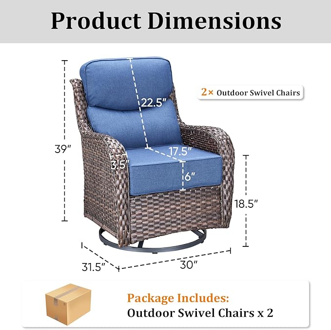 Pugire Luxury Outdoor Swivel Rocker Patio Chairs Set of 2 with 6-Inch Thick Cushions, High Back Swivel Patio Chairs Wicker Outdoor Gliders for Porch, Yard, Deck, Poolside, Brown/Blue