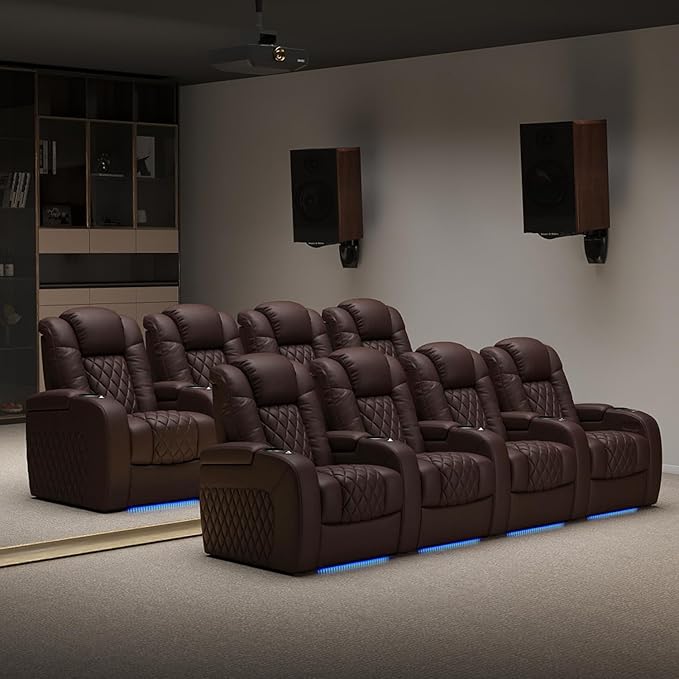 Weilianda Home Theater Seating Top Grain Leather Zero Gravity Recliner Chair Power Headrest Recline Movie Seat Gaming 7 Colors Mood Light Sofa with Tray Table USB Charge Row of 4 Brown