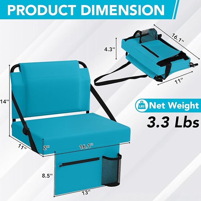 Stadium Seat for Bleachers with Back Support,Portable Bleacher Chairs with Back and Cushion，Cyan