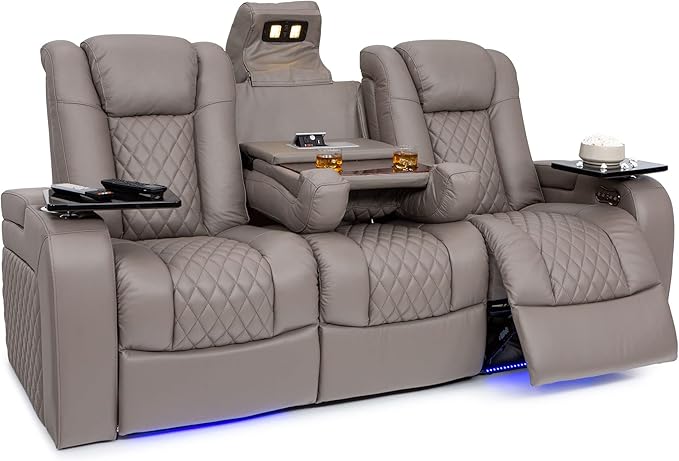 Seatcraft Anthem Italian Leather Sofa w/Fold-Down Table & Loveseat w/Storage Console, Living Room, Power Headrest, Power Recline, Gray