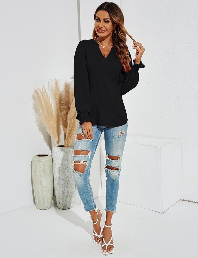 Romanstii Women's Casual V-Neck T-Shirts Loose Puff Long Sleeve Tops Tunic Blouses
