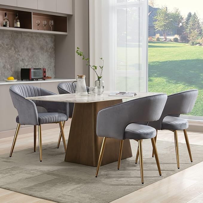 COMULER Grey Velvet Dining Chairs Gold Legs, Modern Dining Room Chairs with Arms Set of 4 Upholstered Accent Chair Armchair with Barrel Back for Kitchen Living Room