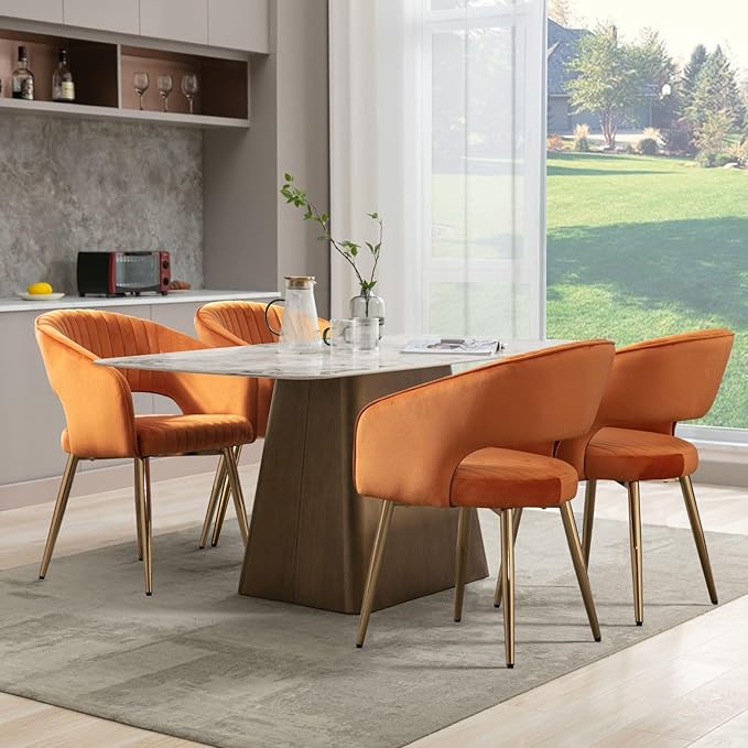 COMULER Orange Velvet Dining Chairs Gold Legs, Modern Dining Room Chairs with Arms Set of 6 Upholstered Accent Chair Armchair with Barrel Back for Kitchen Living Room