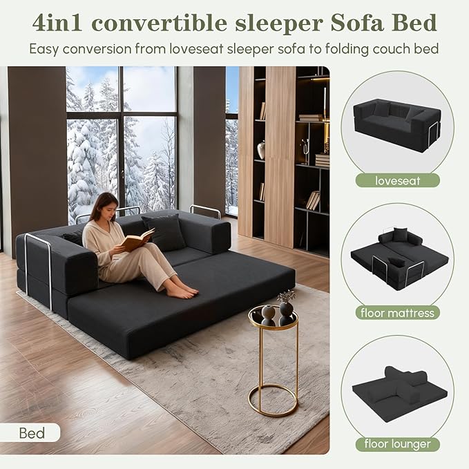 4-in-1 Convertible Sofa Bed, 78 Inch Corduroy Loveseat Sleeper with Pull-Out Bed, Boneless Fixed-Frame Floor Futon for Living Room