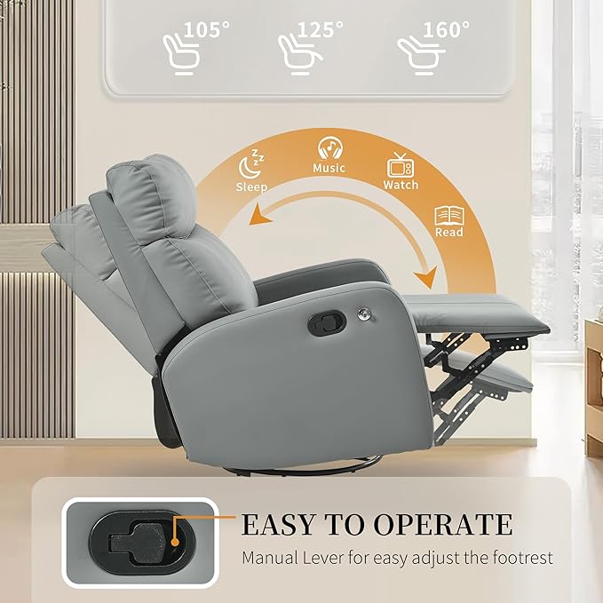 QKFF Swivel Rocker Recliner Chair for Nursery, Upholstered 360° Leather-air Glider Rocking Chair with Phone Holder, Manual Small Recliners for Small Spaces Living Room