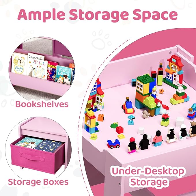 Arlopu Kids Table and Chairs Set, 4 in 1 Toddler Art Desk with Storage Drawer, Wooden Activity Deskboard, Blackboard, Reversible & Detachable Tabletop, Bookshelf for Drawing, Reading (Pink)