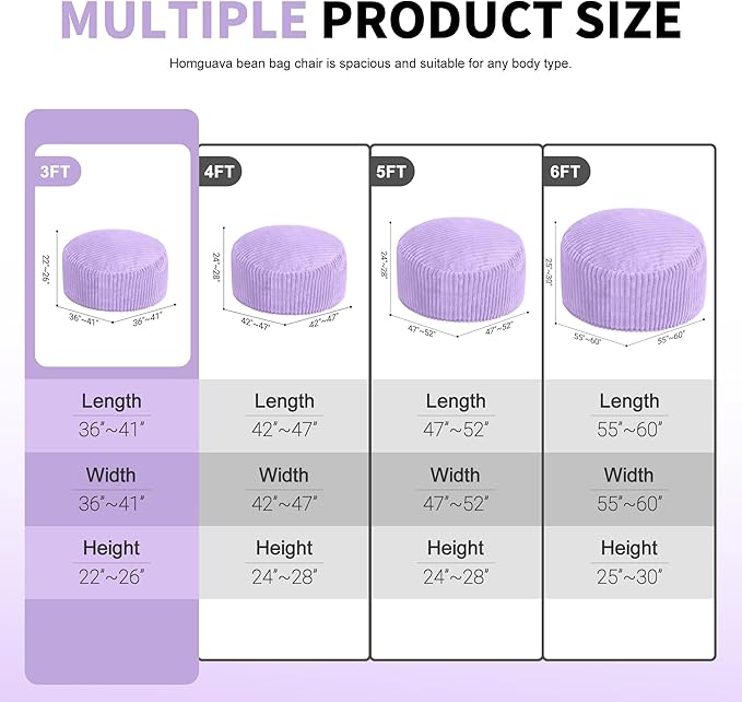 Homguava 3 FT Bean Bag Chair,3' Big Bean Bag,Large Bean Bag Chairs for Adults with Memory Foam Filled,Comfy Beanbag Chairs Soft Bean Bag Sofa with Dutch Corded Plush Cover-Purple