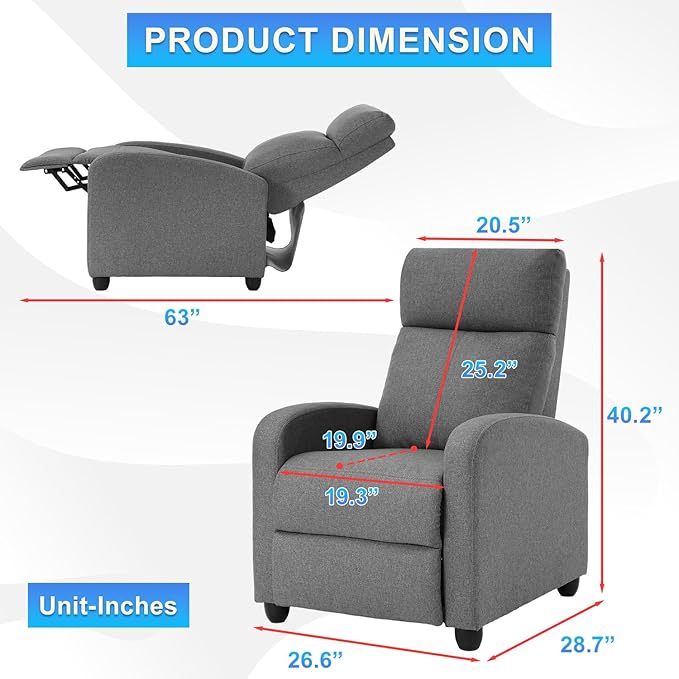 BestMassage | Recliner Chair | No Massage Function | Textile Grey | with Lumbar Support, Adjustable Push Back, Wide Armrests, Footrest & Padded Seat | Easy Assembly | for Living Room, Home Theatre