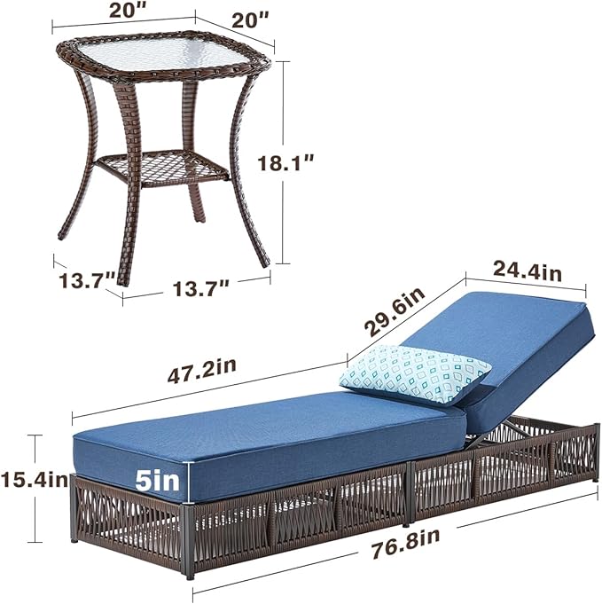 ACTREST Luxury Outdoor Chaise Lounge Chairs of 4 with 5 Inch Thick Cushions and Side Table - 6 PCS High Back Brown Wicker Patio Recliners Lounger Furniture Set for Poolside Sunbathing - Navy Blue