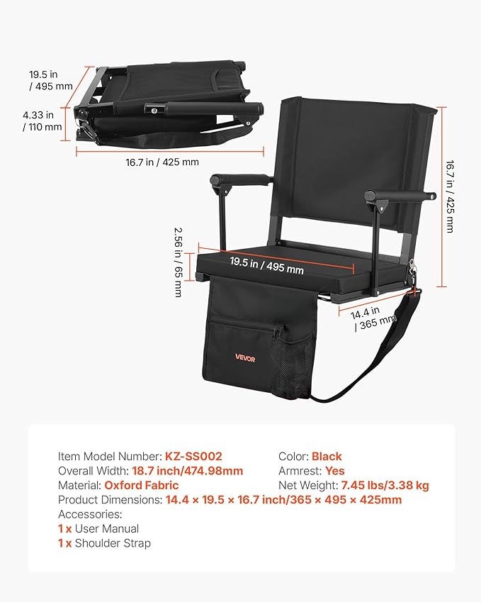 VEVOR Stadium Seat, Portable Bleacher Seat with Armrest, Back Support and Thick Cushion, Bench Chair for Bleacher Includes Shoulder Strap, Hooks, Cup Holder, Black Football Bleachers Seats, 1PCS