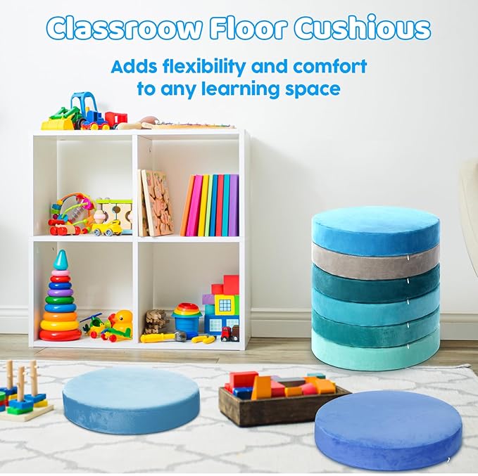 GlikCeil 8 Pcs Round Floor Pillow Cushions for Kids Classroom 15'' Soft Flexible Seating Chair Floor Seats for Reading Corner Playroom - Winter & Spring School Supplies (Ocean Breeze Series)