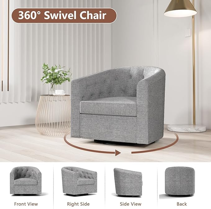 Simore Swivel Accent Chair for Living Room, Comfy Fabric Round Swivel Barrel Chair for Nursery Office Bedroom, Gray