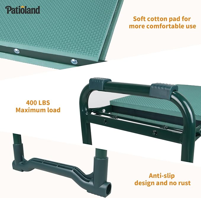 Patioland Garden Kneeler and Seat with 2 Tool Bags, 10.2" Widen Heavy Duty Thicken Soft Kneeling Pad, 2-in-1 Folding Garden Stool, Outdoor Yard Work Seat, Ideal Gardening Gifts for Mom, Women, Grandma