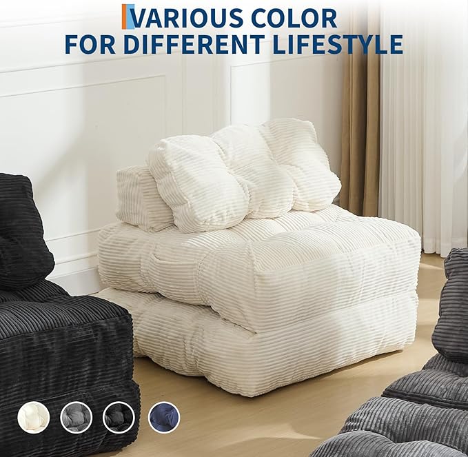 Garvee Folding Sofa Bed, Convertible Sleeper Chair with Pillow Foldable Mattress with Back Support, Boneless Fold Out Chair Bed Comfy Floor Sofa Lounge for Living Room, Bedroom, Beige, Single