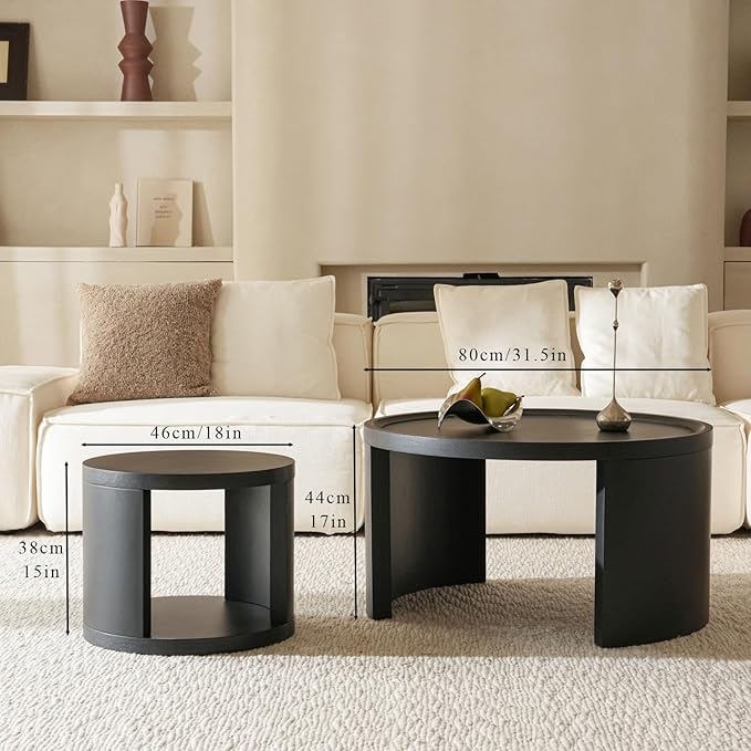 FAME HOME Round Nesting Coffee Table Set of 2,31.5" Large & 18" Small Low Tables with Wood Look Top,Space-Saving Side Tables for Living Room,Bedroom,Office,Minimalist Center Table Set (Black, L+S)