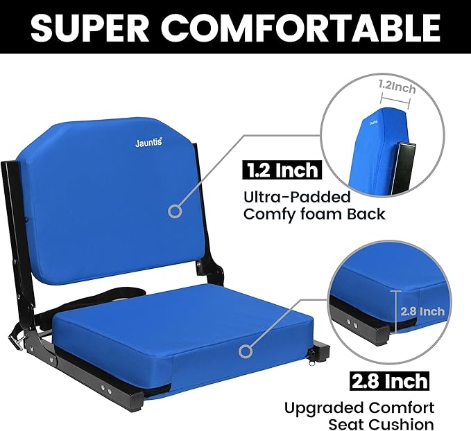 Stadium Seats for Bleachers, Bleacher Seats with Ultra Padded Comfy Foam Backs and Cushion, Wide Portable Stadium Chairs with Back Support and Shoulder Strap, 1 Pack, Blue