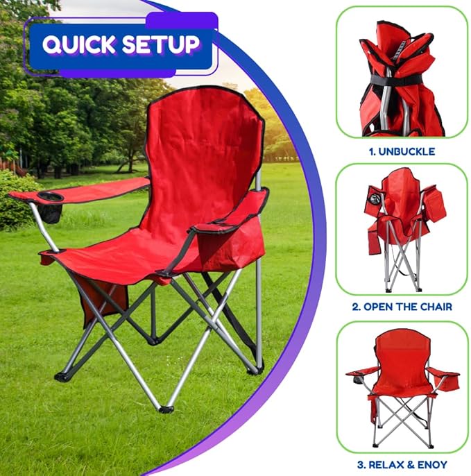 EZONE 4-Pack Camping Chairs with Built-in Ice Cooler, Portable Chair, Storage Pocket, Cup Holder, and Carry Bag Perfect for Camping, Tailgating, Fishing, Beach, and Lawn (4, Red)
