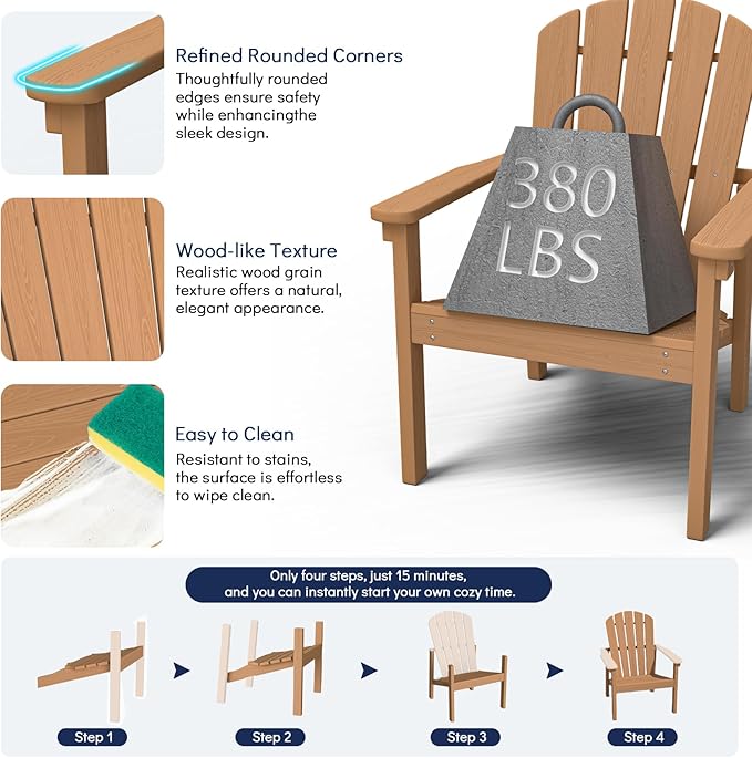 nevilywood Compact Stackable Adirondack Chairs Set of 2, 26.3" Wide HDPE Outdoor Patio Chairs - Durable, Space-Saving Design for Porch, Lawn or Garden, Teak