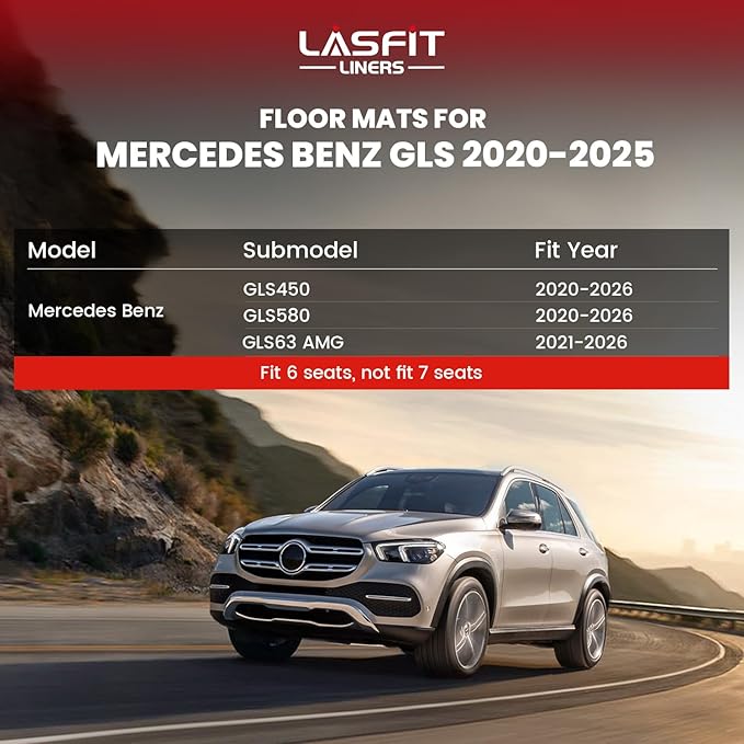 LASFIT Floor Mats Fit for Mercedes Benz GLS 450/580 / 63 AMG 2026 2025 2024 2023 2022 2021 2020 (Only Fit 6 Seats), All Weather TPE Floor Liners for Mercedes GLS 2020-2026, 1st & 2nd & 3rd Row Set
