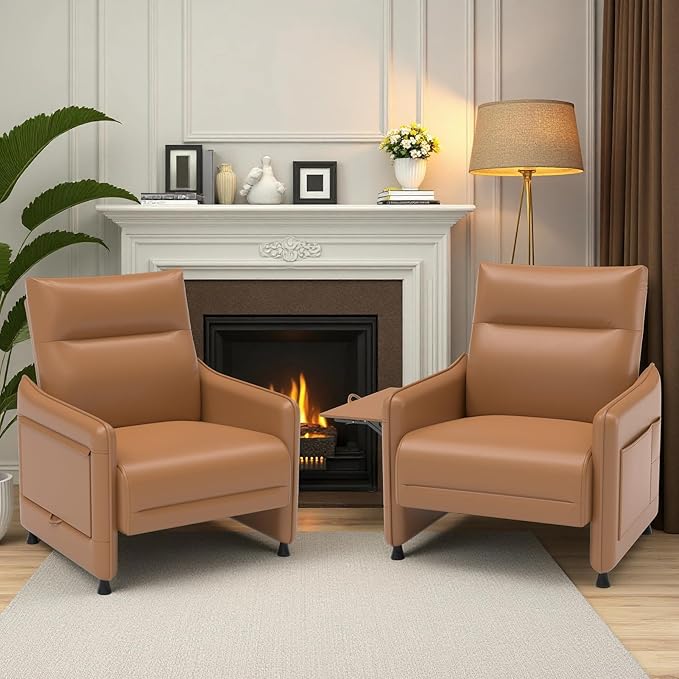 Tbillionnext Upholstered Accent Sofa, Modern Faux Leather Sofa Chair with Hidden Foldable Tray & Side Pocket, Rear Contour Arm Design, Small Accent Sofa for Bedroom, Brown