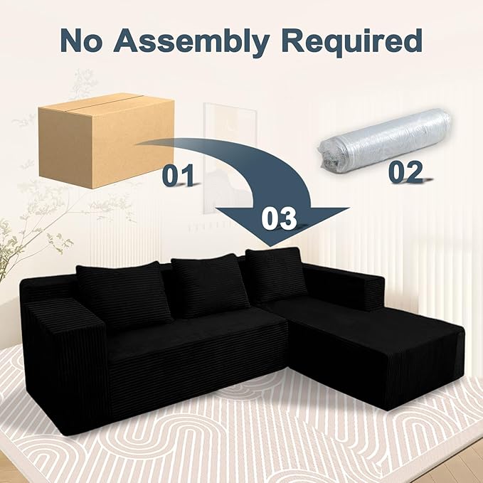 ANONER 103" Sofa Bed Sectional Cloud Couch with L-Shape Chaise, Modular Sofa with Deep Seat, Free Combination Cloud Couches for Modern Minimalist Living Room Apartment, No Assembly Required, Black
