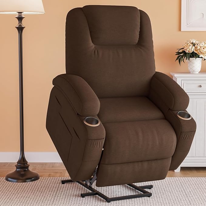 Flamaker Power Lift Chair Massage Recliner Chairs for Elderly - Ergonomic Design with Cup Holders & Side Pockets, Remote Control (Dark Brown)