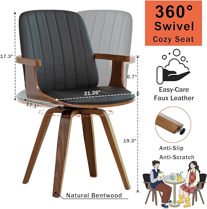 WUPOTO Swivel Dining Chairs, Set of 2 Kitchen Swivel Chairs with Walnut Craftsmanship, Upholstered Faux Leather, Wooden Arms and Legs, Walnut Dining Chairs for Kitchen/Living Room - Black
