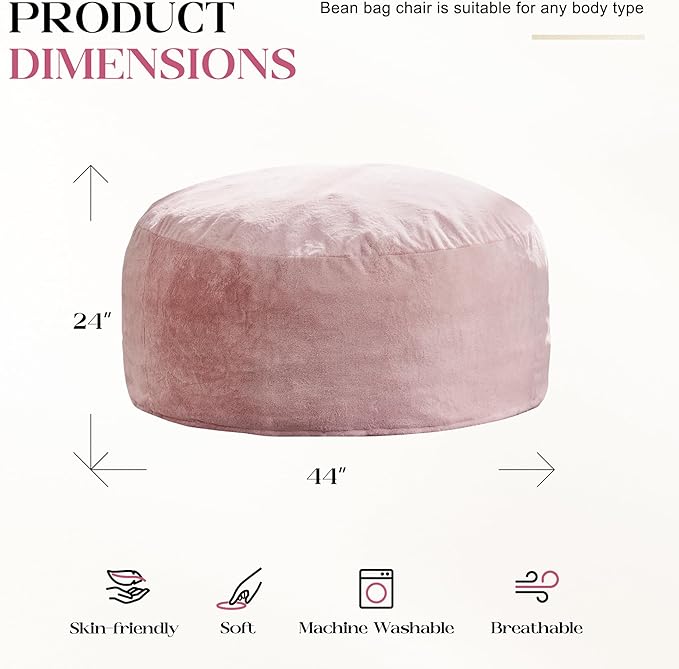 Hobestluk Bean Bag Chairs Giant Beanbag Chair with Filler, Memory Foam Bean Bags with Fluffy & Machine Washable Cover, Bean Bag Chairs for Aduts for Living Room, Bedroom (Pink, 4FT - 44” x 44” x 24”)