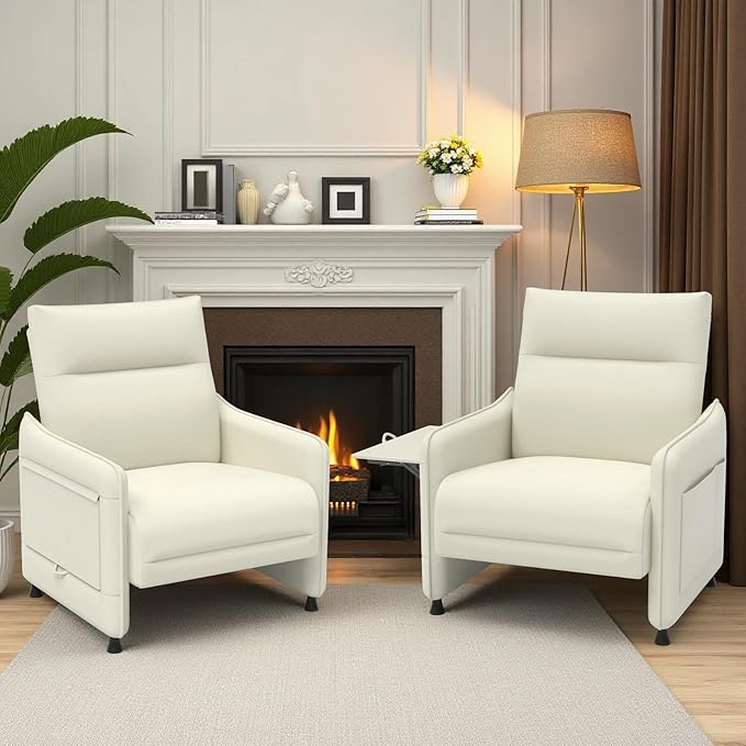 Tbillionnext Upholstered Accent Sofas Set of 2, Modern Faux Leather Sofa Chairs with Hidden Foldable Tray & Side Pocket, Rear Contour Arm Design, Small Accent Sofas for Living Room, Beige