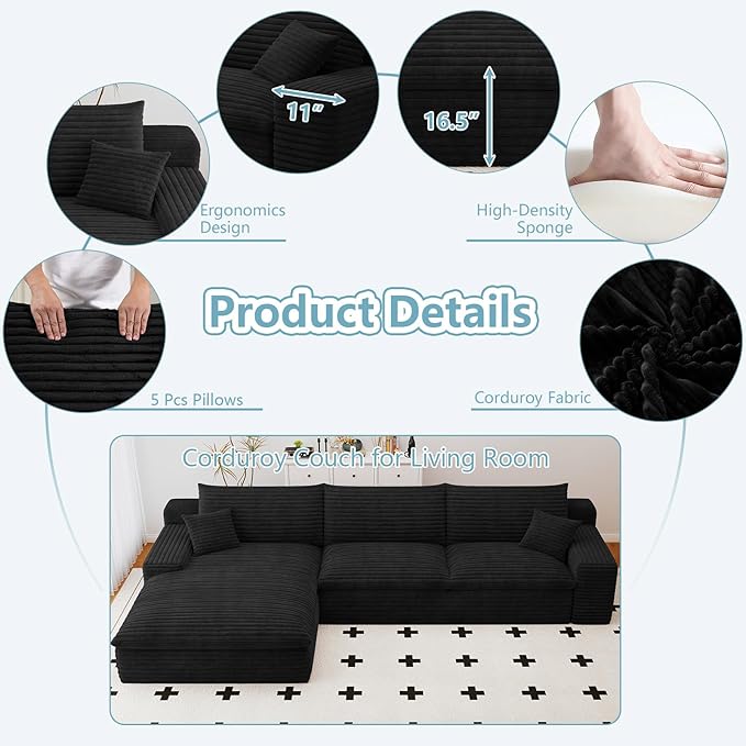 107" Cloud Sectional Couch with L-Shape Chaise, Modern Corduroy Viral Boneless Sofa for Living Room,Memory Foam Couches in a Box with Deep Seat,No Assembly Required (Jet Black,Left-Facing Chaise)