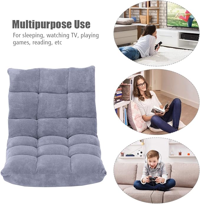 GOFLAME 14-Position Folding Floor Chair, Padded Gaming Lazy Sofa Chair with Adjustable Backrest, Couch Recliner, Sleeper Bed Lounge Chair for Reading, Gaming, Meditating (Grey)